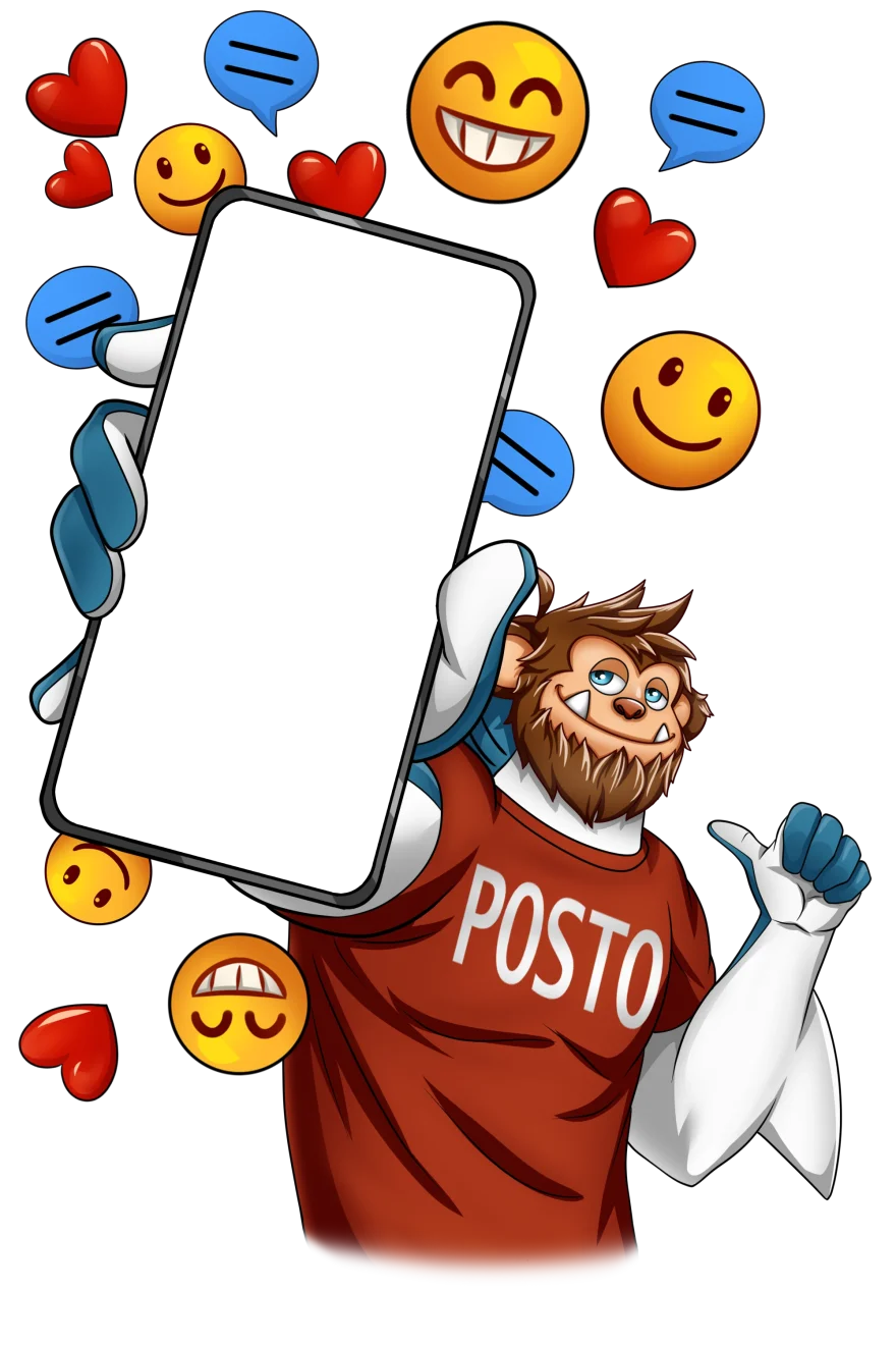 Posto mascot showing the bot on a phone