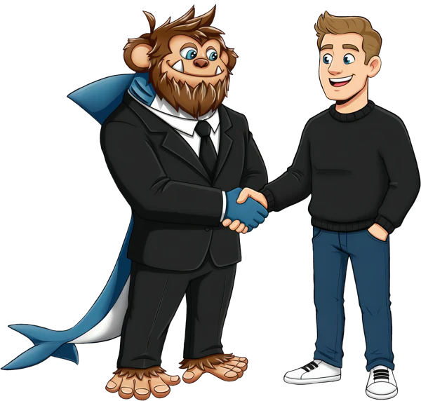 Posto mascot shaking hands with a happy user