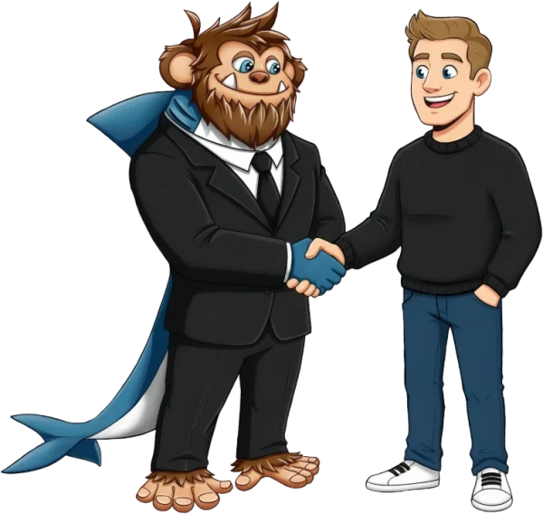Posto mascot shaking hands with a happy user