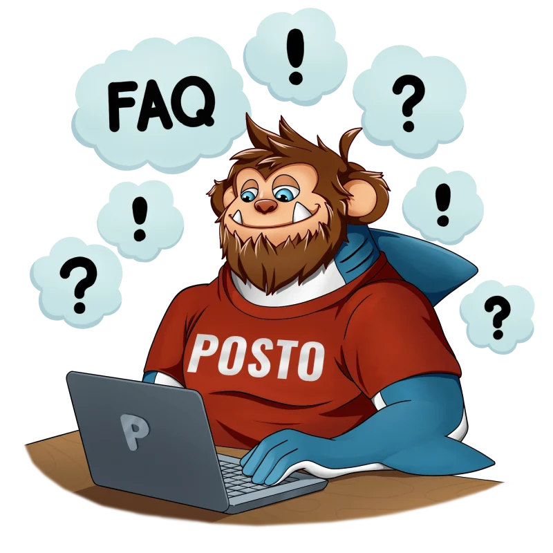 Posto mascot answering questions at a laptop