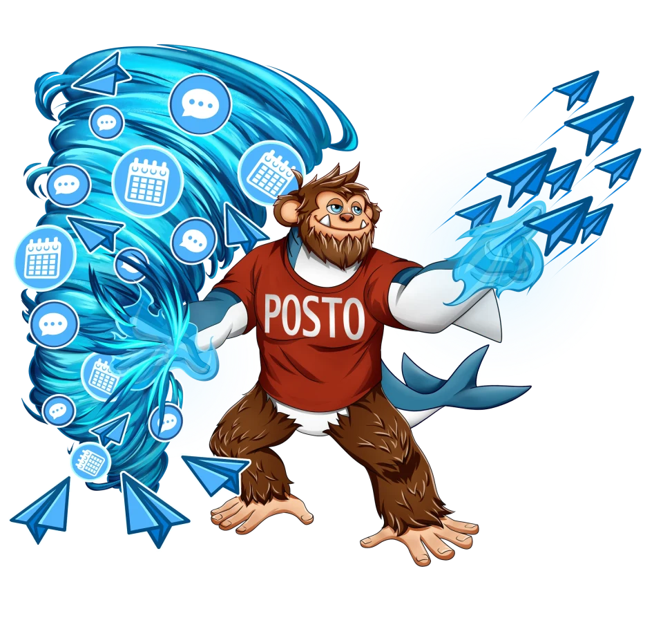 Posto mascot launching planes from a whirlwind