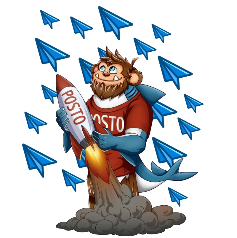 Posto mascot launching a rocket