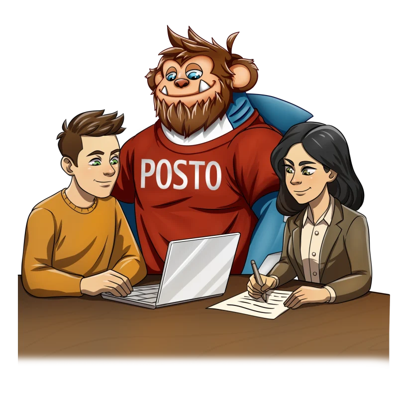 Posto mascot working with two editors